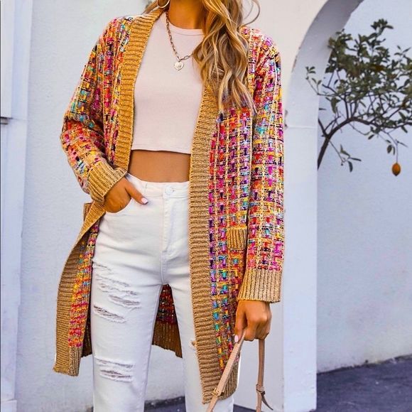 NWT! GORGEOUS BOUTIQUE MULTICOLOR OPEN FRONT PATCH POCKET CARDIGAN-SIZE LARGE - Picture 9 of 10